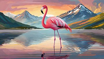 Flamingo standing in a lake with a mountain landscape in the background by Animaflora PicsStock