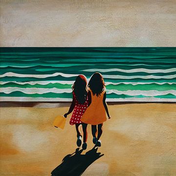 Twee kleine meisjes op weg naar het strand van Jan Keteleer