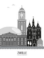 Skyline illustration city Zwolle black-and-white-grey