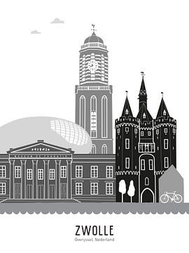 Skyline illustration city Zwolle black-and-white-grey by Mevrouw Emmer