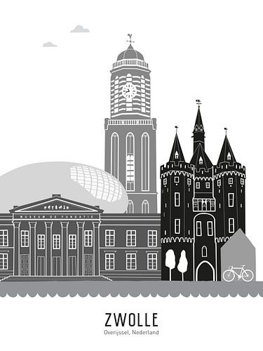 Skyline illustration city Zwolle black-and-white-grey by Mevrouw Emmer
