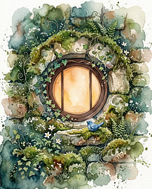 Enchanted Woodland Door with Bluebird – Watercolor Fantasy Art. by Berrivelle