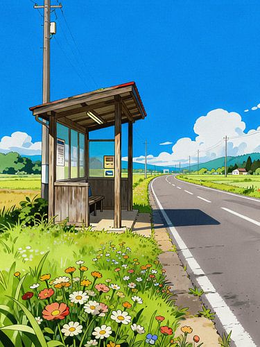 ANIME Ländliche Bushaltestelle – Japanische Sommerlandschaft im Stil von Ghibli