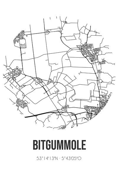Bitgummole (Fryslan) | Karte | Schwarz und Weiß von Ortsdrucke