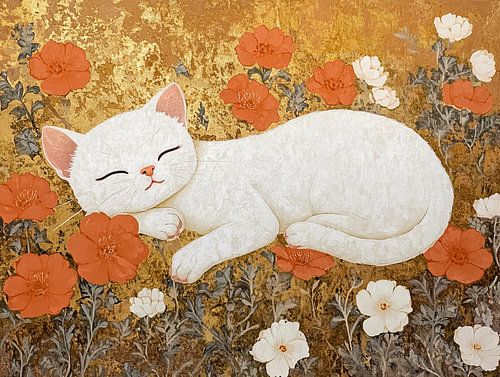 Chat tranquille | Chat endormi sur fond doré