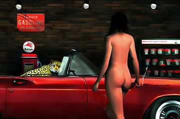 Erotisch naakt - Naakte vrouw met een Ford Thunderbird en een grote kat