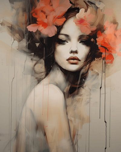Modern en abstract portret met bloemen