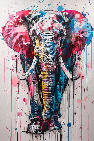 Peinture d'éléphant colorée avec des éclaboussures de peinture dynamiques par Art & Soul Creations