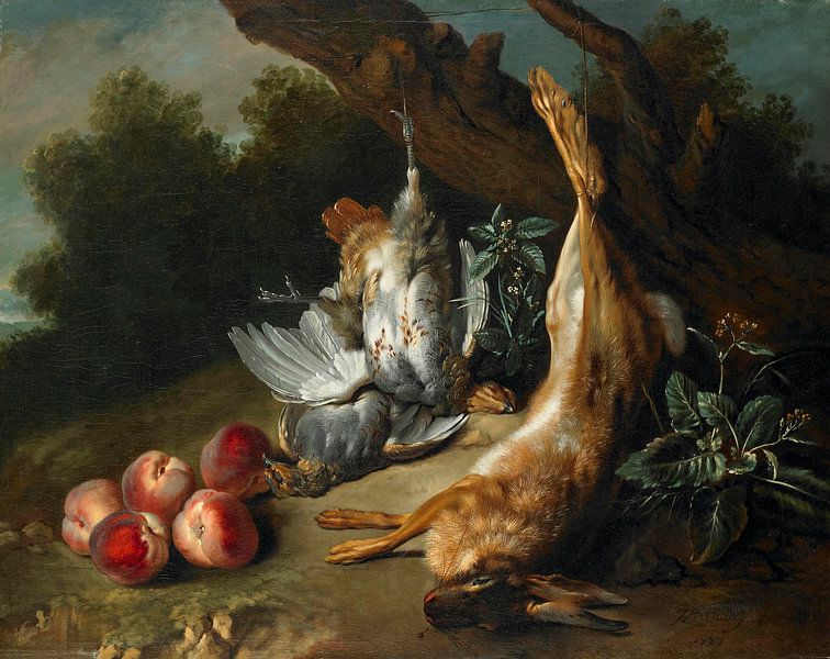 Stilleven met dood wild en perziken in een landschap, Jean-Baptiste Oudry van Meesterlijcke Meesters