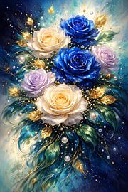Blue and Cream Roses with Gold Leaves Floral Art by Faheem Beigh