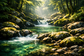 An idyllic mountain stream in the forest – a mystical natural landscape with a waterfall by ButterflyPix