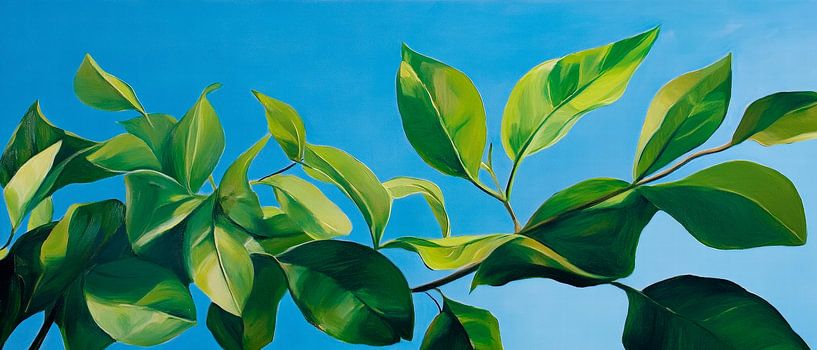 Groene bladeren tegen een blauwe lucht van Poster Art Shop
