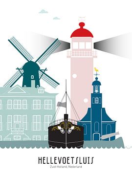 Skyline illustratie stad Hellevoetsluis in kleur van Mevrouw Emmer