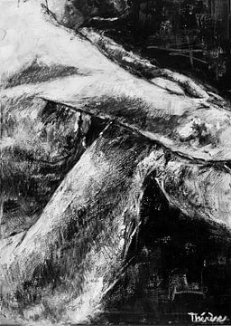 Gemälde eines sitzenden männlichen Modells in Schwarz-Weiß. von Therese Brals