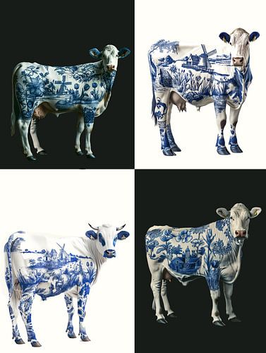 collage of Dutch cow with Delft blue tulips and windmills on her body