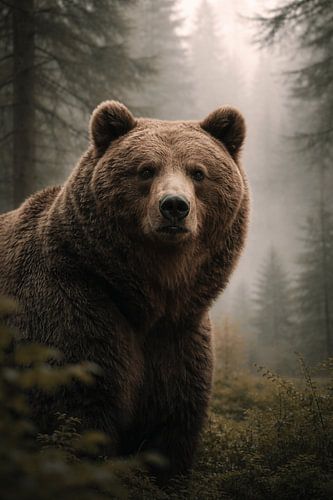 Impressive brown bear in misty forest – powerful wildlife photograph with tranquil natural atmosphere