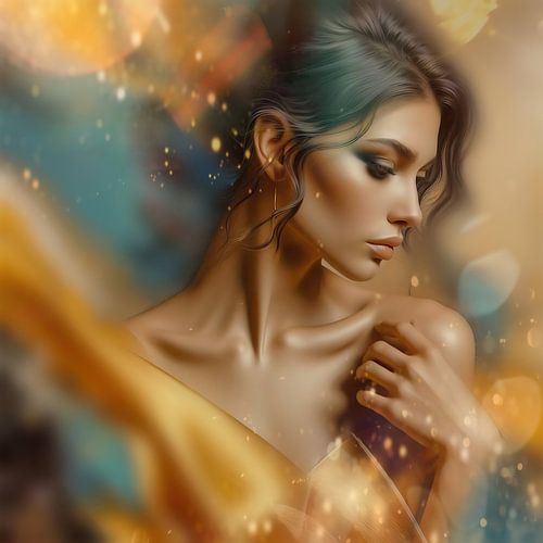 vrouw in gele jurk in feestelijke omgeving