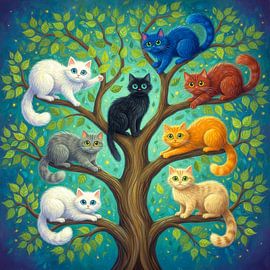 Colourful cat on a tree by Jutta Maria Pusl