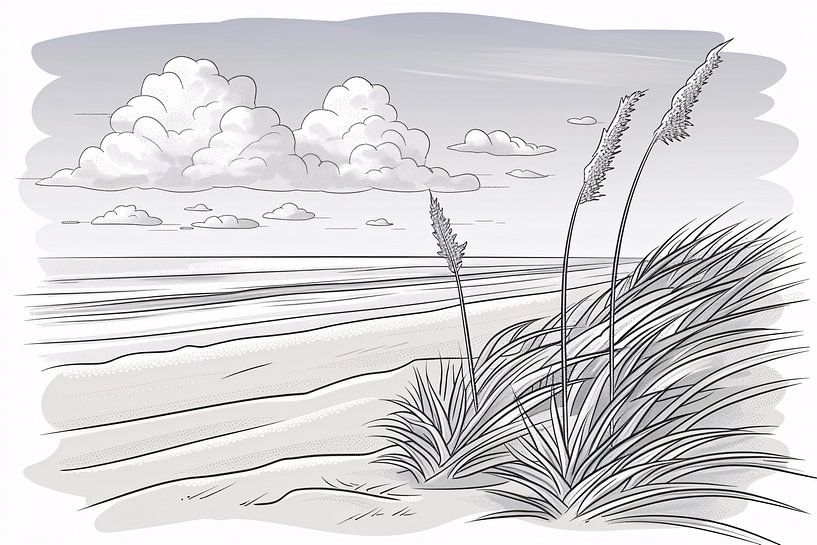 Elegant line drawing of beach landscape by Art & Soul Creations