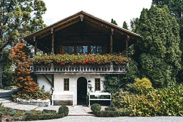 Huis in het park van het Oberhofen kasteel, Zwitserland van Fenna Duin-Huizing