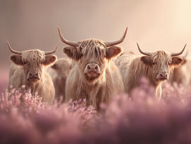 Des vaches des Highlands dans la lande rose sur Wolkenlos