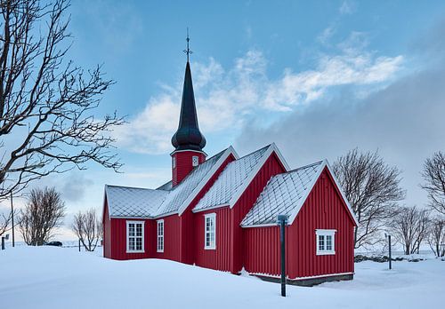 Red church of Flakstad in winter landscape, Lofoten