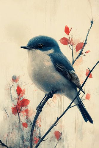 Serene Beauty Bird among Red Leaves