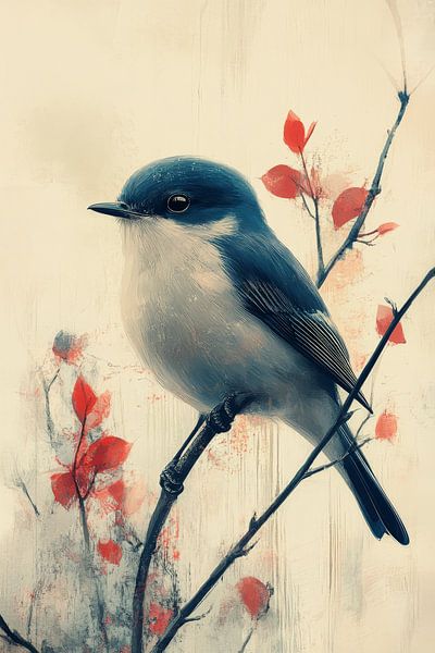 Oiseau à la beauté sereine parmi les feuilles rouges par Eva Lee