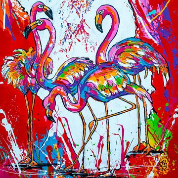 Flamants roses en rouge sur Happy Paintings