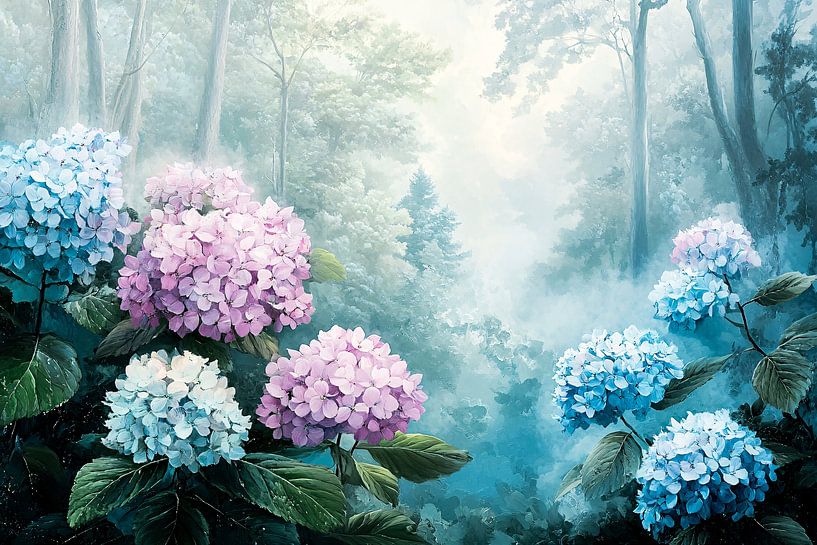 Hydrangeas in misty landscape by Imperial Art House