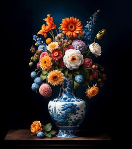 Slanke Delfts Blauwe Vaas met Bloemen