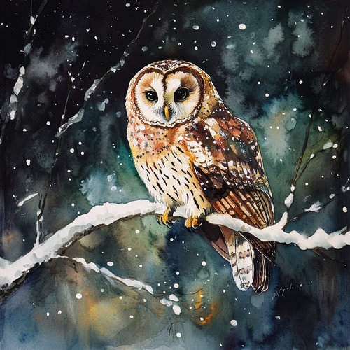 Barn owl in the glow of the snow at night