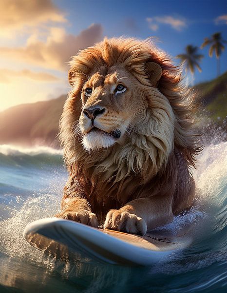 Un lion qui surfe au large d'Hawaï par Robert Styppa