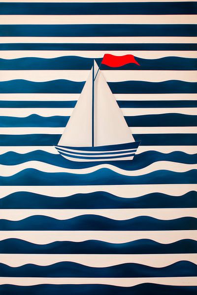 Sailboat on blue wave patterns by Poster Art Shop