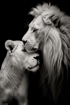 Amour du lion et de la lionne en noir et blanc sur Dunto Venaar