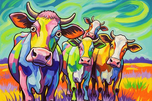 Schilderij van vijf veelkleurige koeien