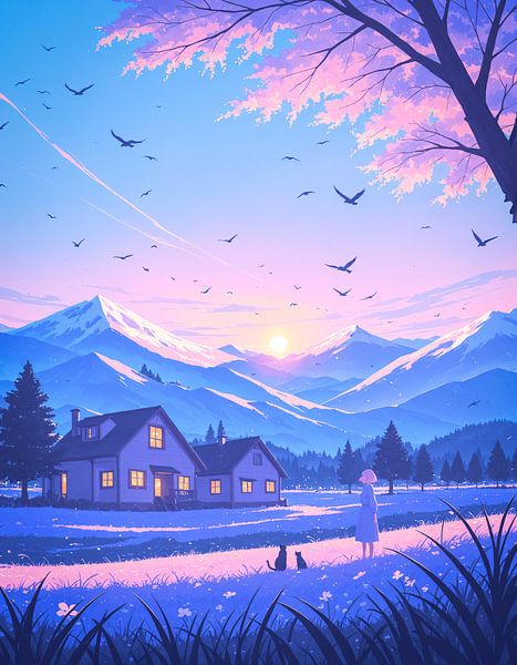 Anime Mont Fuji Pastel Lofi Cerisier en fleur Japon par Ruzerin