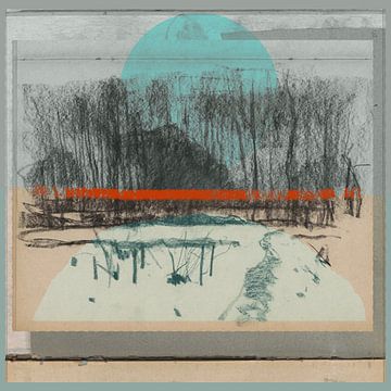Modernes abstraktes Mixed Media Kunstwerk. Collage mit einer Landschaft mit Bäumen in beige, blau, r von Dina Dankers