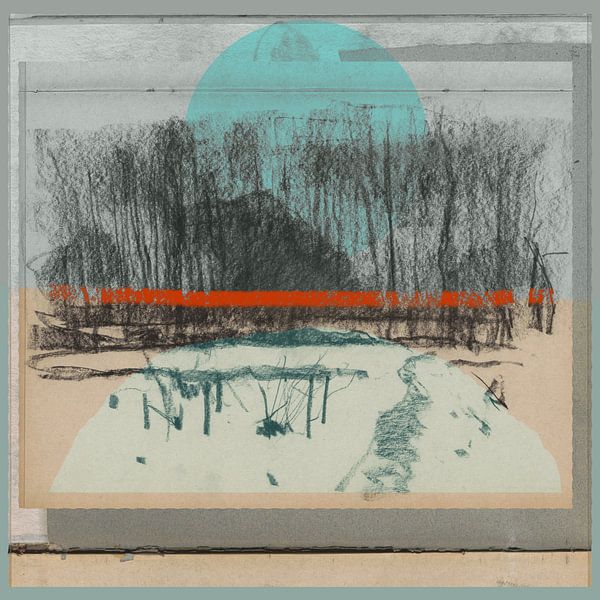 Modernes abstraktes Mixed Media Kunstwerk. Collage mit einer Landschaft mit Bäumen in beige, blau, r von Dina Dankers