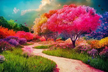 Un paysage de jardin enchanteur avec des fleurs et des arbres colorés sur Animaflora PicsStock