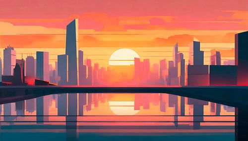 Retro stad met zonsondergang