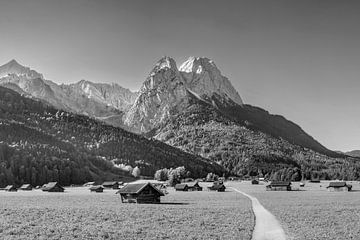 Almwiesen in den Bergen bei Garmisch Partenkirchen in schwarzwei von Manfred Voss, Schwarz-weiss Fotografie