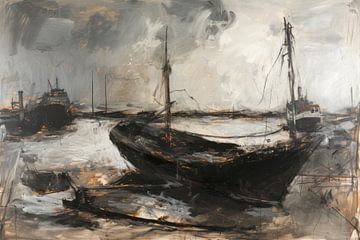 Abstract schilderij, schip in de haven,  monochroom van BowiScapes