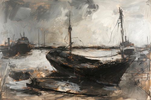 Abstract schilderij, schip in de haven,  monochroom
