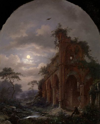 FREDERIK MARINUS KRUSEMAN, Mediterende monnik bij ruïne in de nacht, 1862