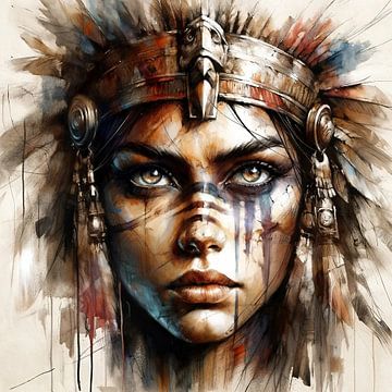 Regal Warrior Woman Watercolor Portrait by Chromatic Fusion Studio