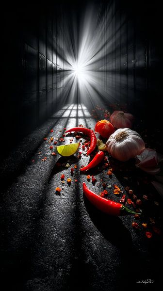 red peppers - garlic - lime - lemon on a black background with dramatic light by Gelissen Artworks