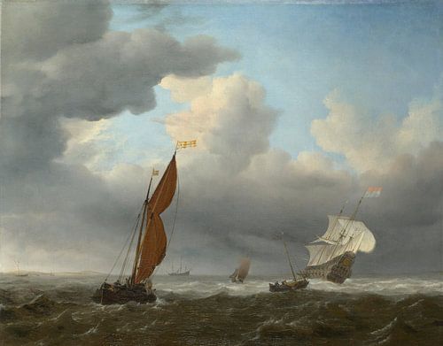 Een Nederlands schip en andere kleine schepen in een sterke wind, Willem van de Velde