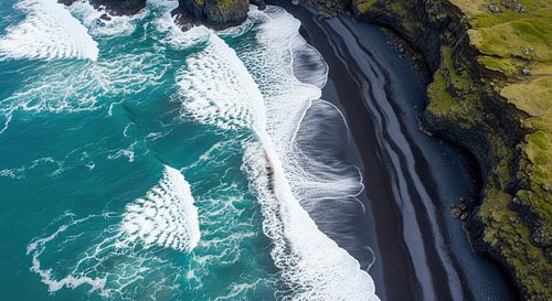 Aerial View of Black Sand Beach with Waves and Cliffs