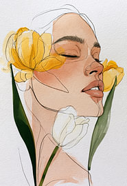 Minimalistisches Frauenporträt mit gelben Tulpen von SPEQ ART
